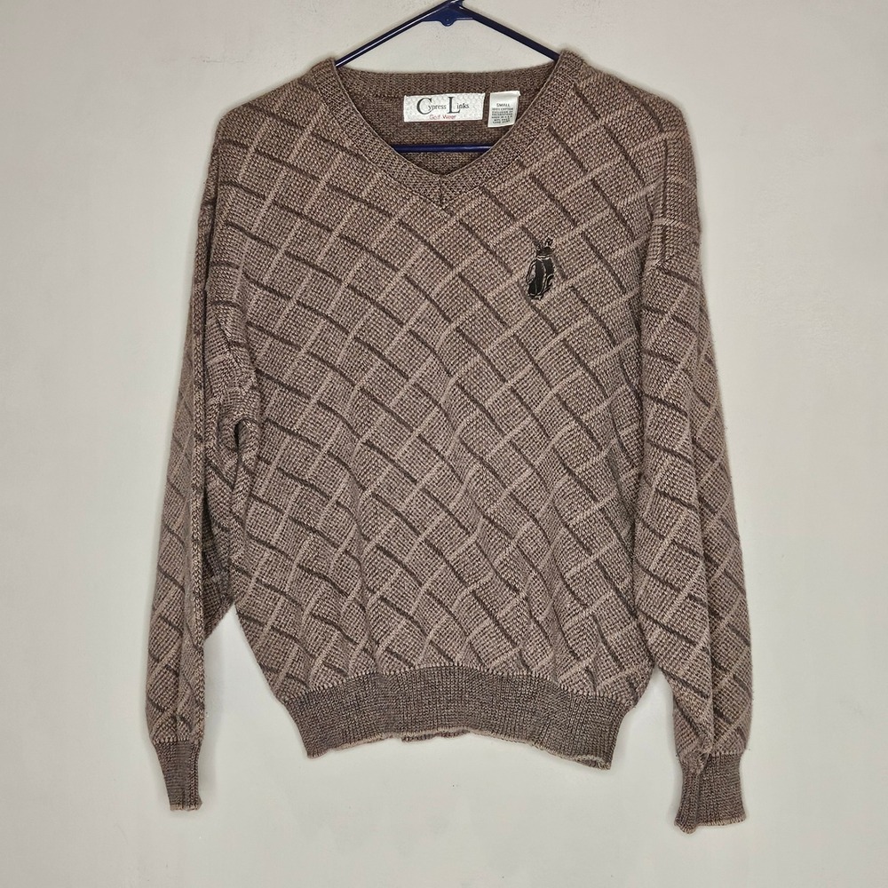 Vtg Chunky Knit Mens Small V-Neck Golf Sweater Brown Argyle Fisherman Heritage